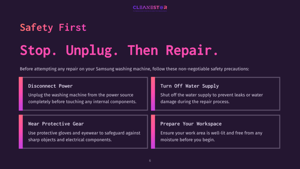 Safety Tips For Repairing A Washing Machine, Featuring Bold Headings In Purple And White Text On A Dark Background, With Informative Boxes.