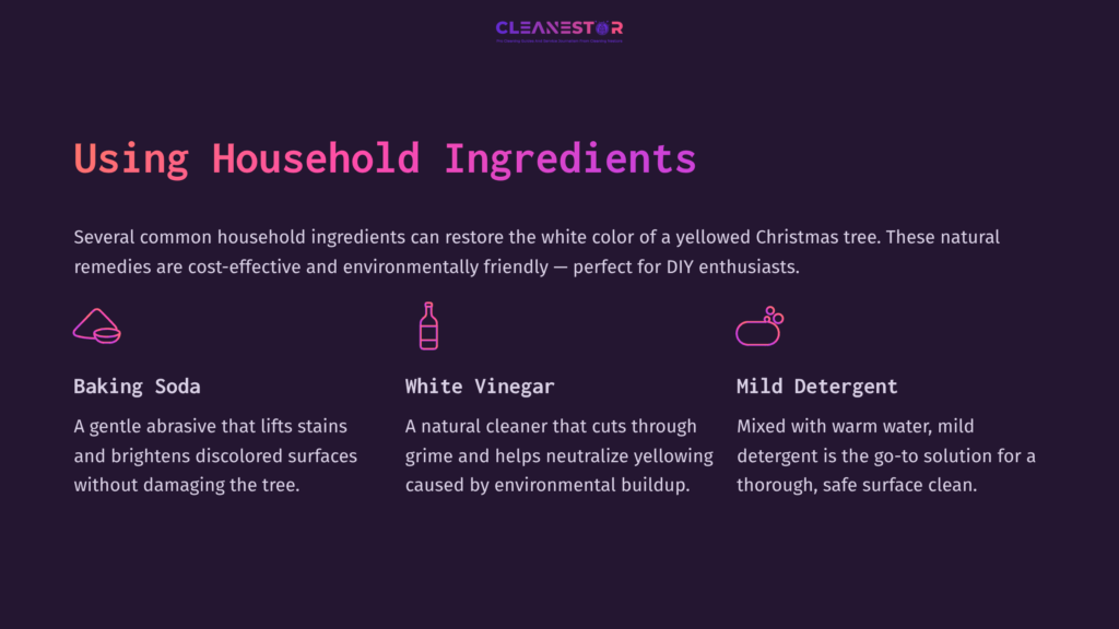 6 Using Household Ingredients Graphic With A Dark Background Displaying Three Household Ingredients: Baking Soda, White Vinegar, And Mild Detergent, With Brief Descriptions.