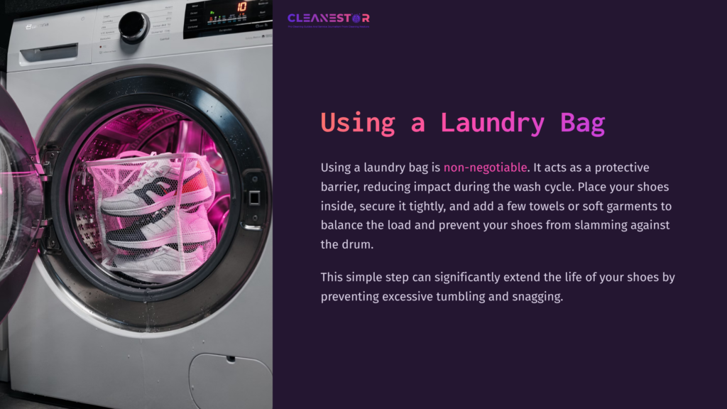 A Washing Machine Filled With A Laundry Bag Containing Nike Shoes, Surrounded By Vibrant Pink Light And Soft Towels, Illustrating Shoe Care.
