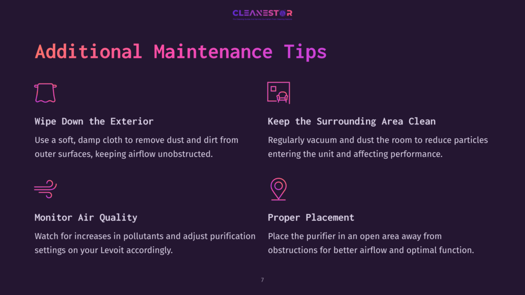 Text On A Dark Purple Background Outlining Maintenance Tips For An Air Purifier, Including Cleaning, Monitoring Air Quality, And Proper Placement.