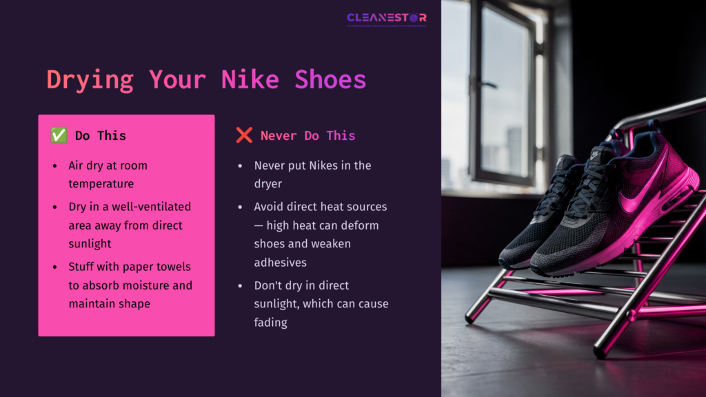 A Drying Rack Holds Black Nike Shoes With A Pink Swoosh, Next To A Window. Instructions On Drying Methods Are Displayed In Contrasting Colors.