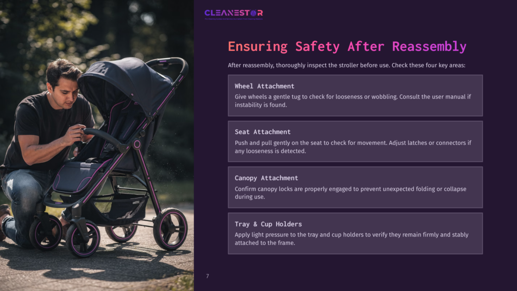 A Person Inspects A Chicco Bravo Stroller, Focusing On Wheel And Seat Attachments, Ensuring Safety With A Purple And Black Design.