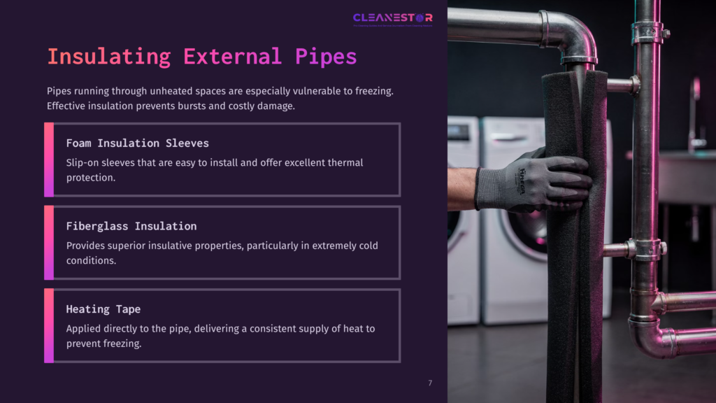 A Person Applying Pipe Insulation, With A Washing Machine In The Background. The Layout Features Purple And Black Sections Detailing Insulation Methods.