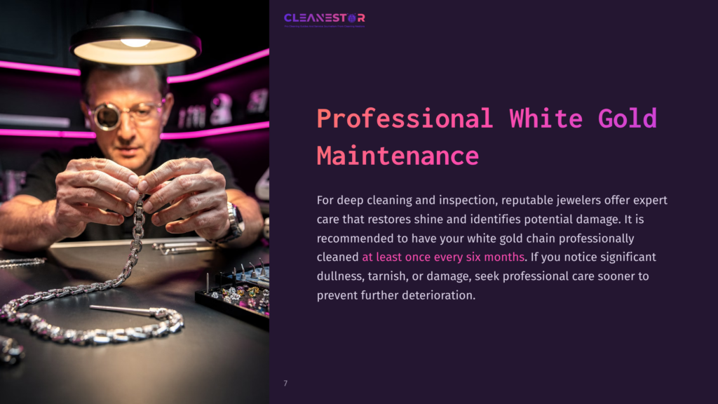 A Person Cleaning A White Gold Chain With Tools, Surrounded By A Colorful, Modern Workspace, Focusing On Jewelry Maintenance.