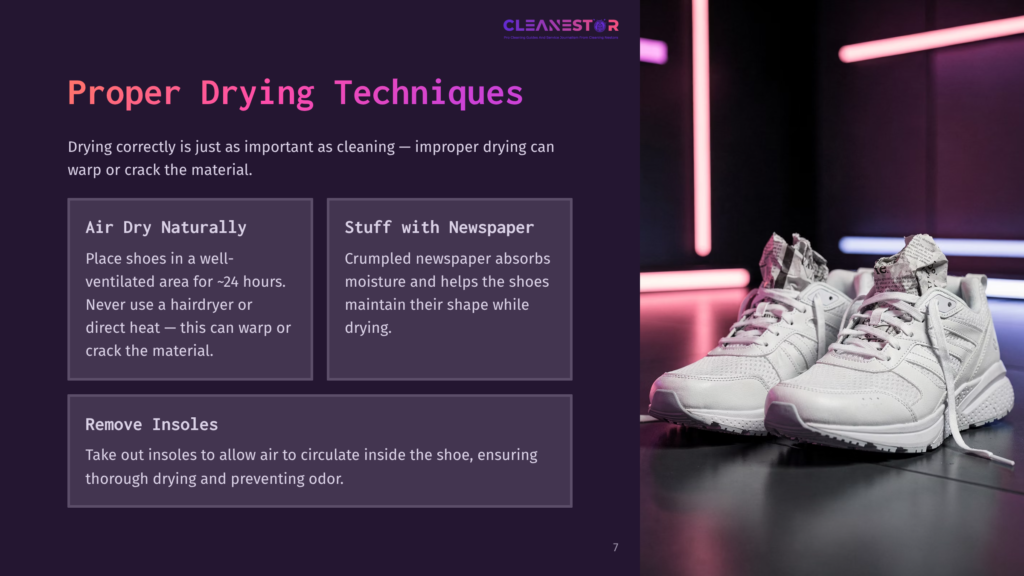 White Nike Running Shoes Positioned On The Right, Alongside A Purple-Themed Layout With Tips For Drying Shoes, Featuring Contrasting Text Boxes.