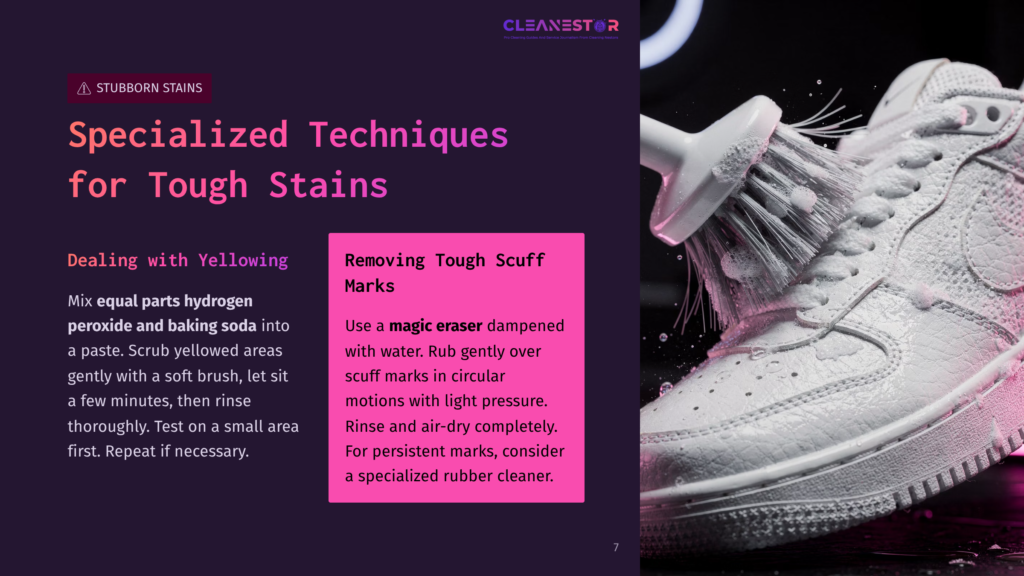 A Close-Up Of A White Rubber Sneaker Being Cleaned With A Brush, Featuring Detailed Instructions On Stain Removal Techniques.