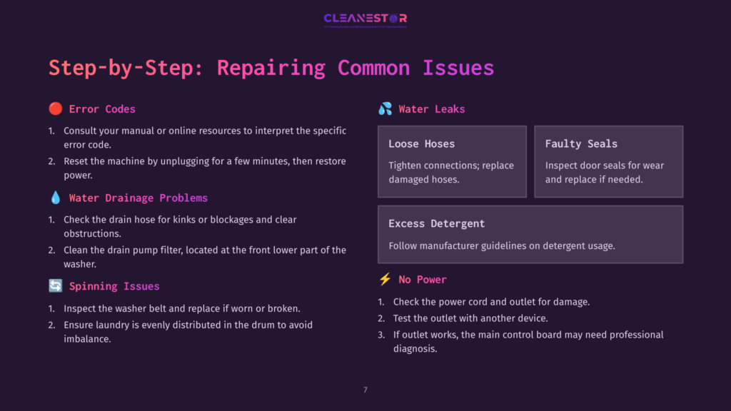 Guide With Purple Background Detailing Washing Machine Repair Tips, Featuring Sections On Error Codes, Water Leaks, And Troubleshooting.