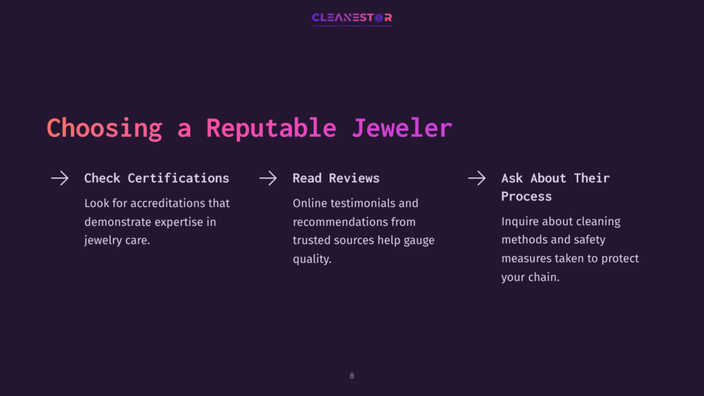 Informative Graphic With A Dark Purple Background Featuring A Heading In Pink, Outlined Sections On Choosing A Jeweler, And Directional Arrows.