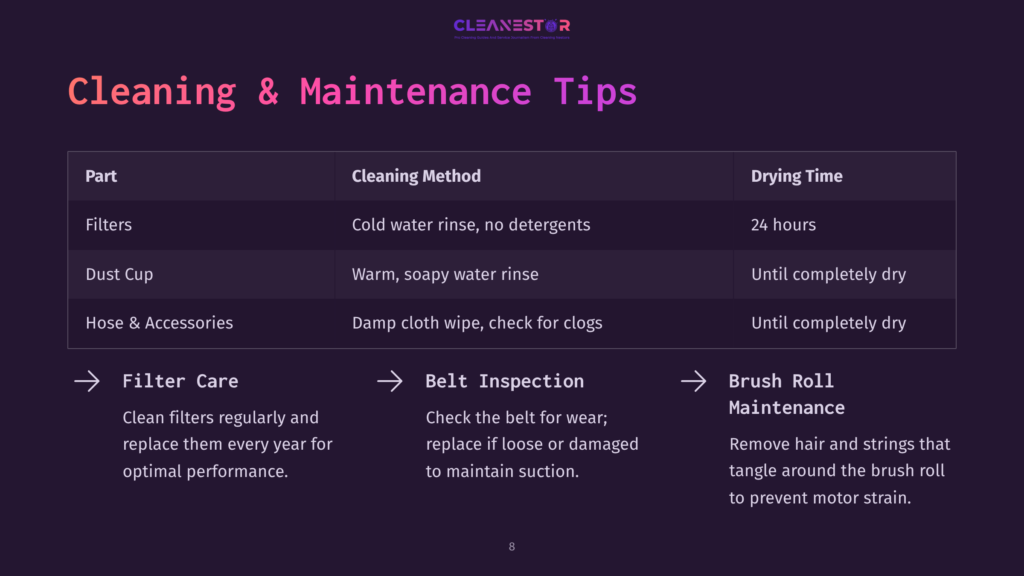 8 Cleaning And Maintenance Tips Graphic Featuring Cleaning Tips For A Shark Lift-Away Vacuum, With Sections On Filters, Dust Cup, Hose, Accessories, Belt Inspection, And Brush Roll Maintenance, All In A Purple And White Layout.