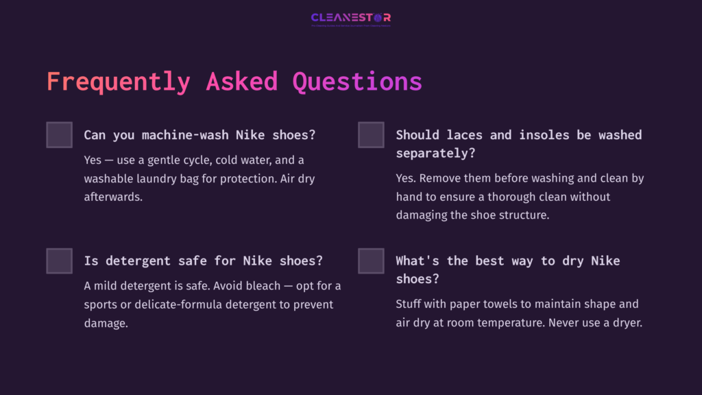 Faq Section Featuring Dark Background With White Text. Includes Questions About Washing Nike Shoes, Laces, And Safe Detergents.