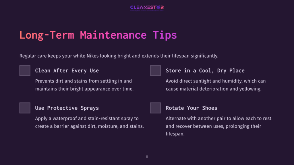 Text On A Dark Background Outlining Maintenance Tips For White Nike Shoes, Including Advice On Cleaning And Storage.