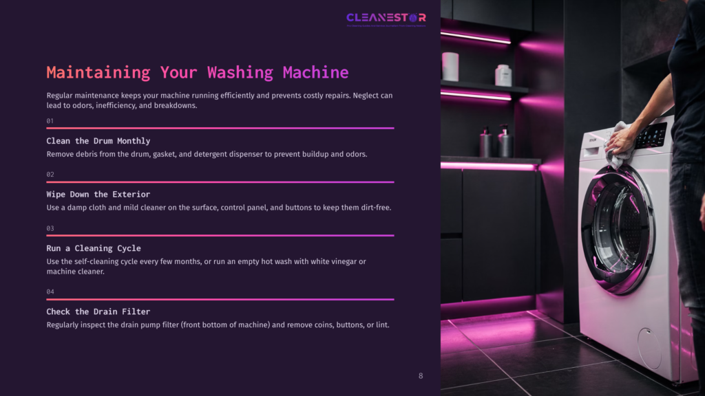 A Modern Washing Machine Stands Against A Sleek, Dark Backdrop With Purple Lighting, Beside Cleaning Products On A Shelf.