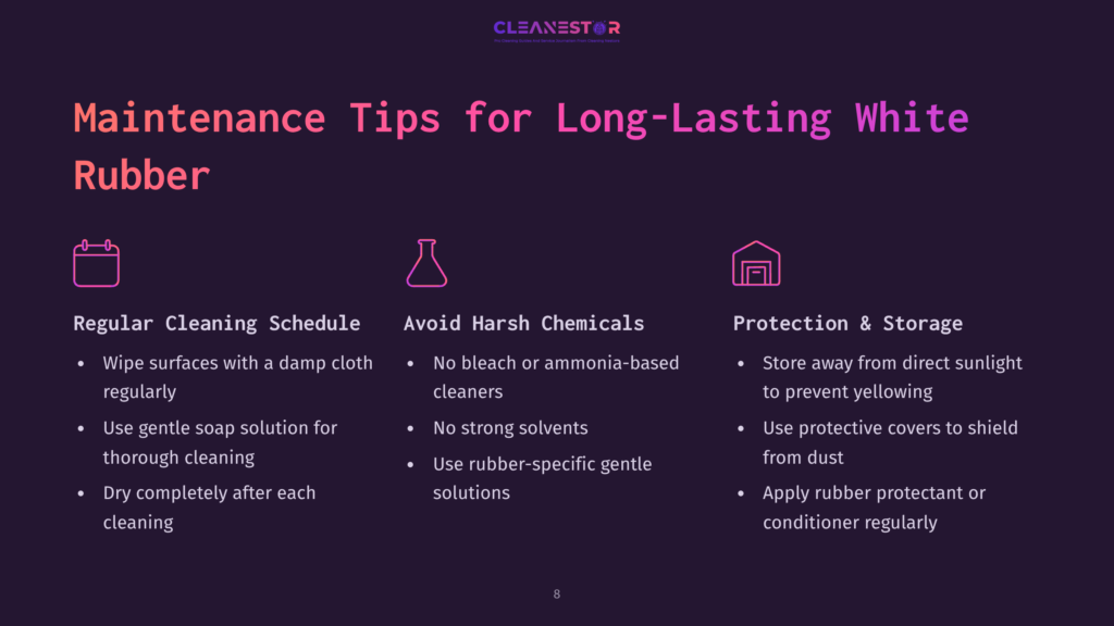 Visual Tips On Maintaining White Rubber: Includes Cleaning Schedule, Chemical Precautions, And Storage Advice. Text Highlighted In Various Colors.