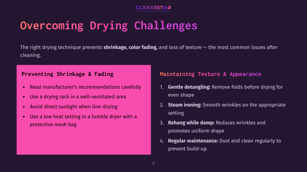Bright Pink Box With Text On Preventing Shrinkage And Fading In Curtains, Alongside A Layout With Bullet Points And A Contrasting Background.