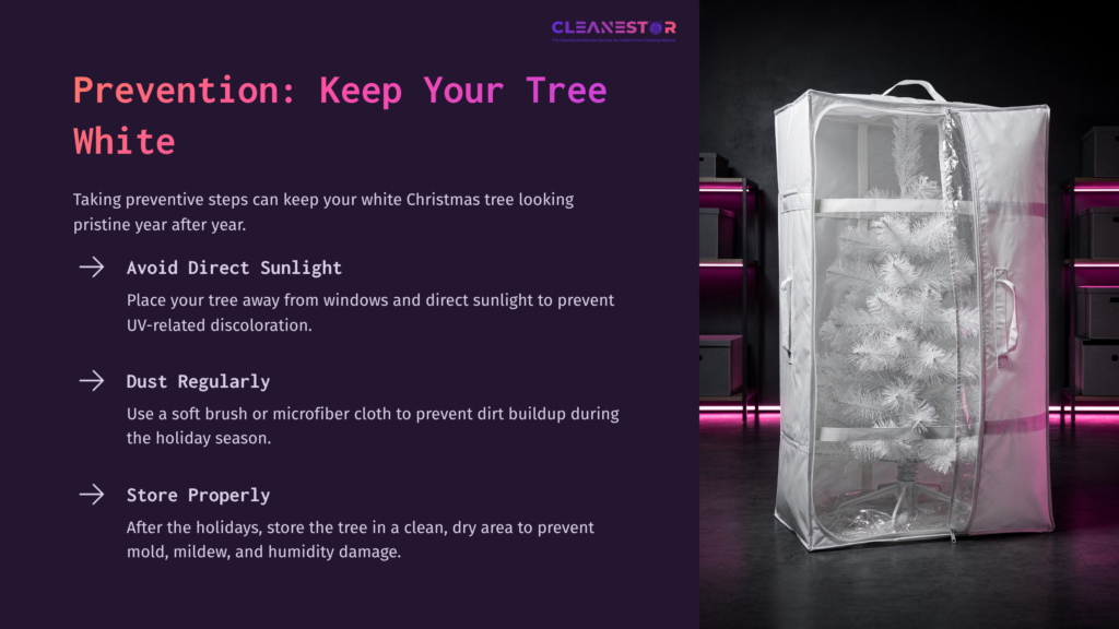 8 Prevention Keep Your Tree White A Clear Storage Bag Containing An Artificial White Christmas Tree, Set Against A Dark Background With Purple Lighting.