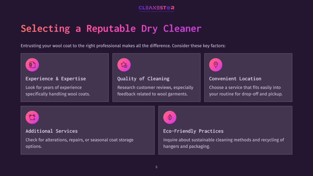 Informative Infographic With Purple Background Outlining Key Factors For Choosing A Reputable Dry Cleaner, Including Experience, Quality, Location, Services, And Eco-Friendliness.