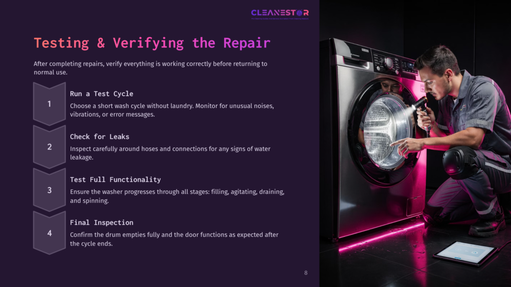 A Man Inspects A Samsung Washing Machine'S Interior, With Highlighted Steps For Repairing It Alongside. The Machine Features Neon Purple Accents.