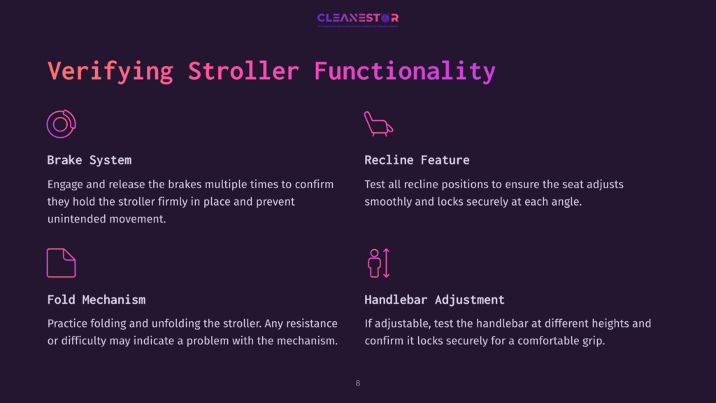 Four Informative Sections On Stroller Maintenance Outlined With Purple Headings On A Dark Background, Featuring Icons For Functions Like Brake, Recline, Fold, And Handlebar.