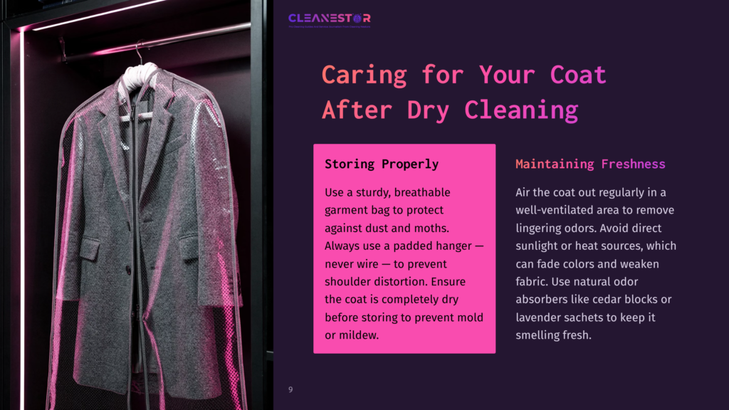 A Wool Coat Hangs In A Black Garment Bag, With A Pink Glow Illuminating The Scene, Against A Dark Background.