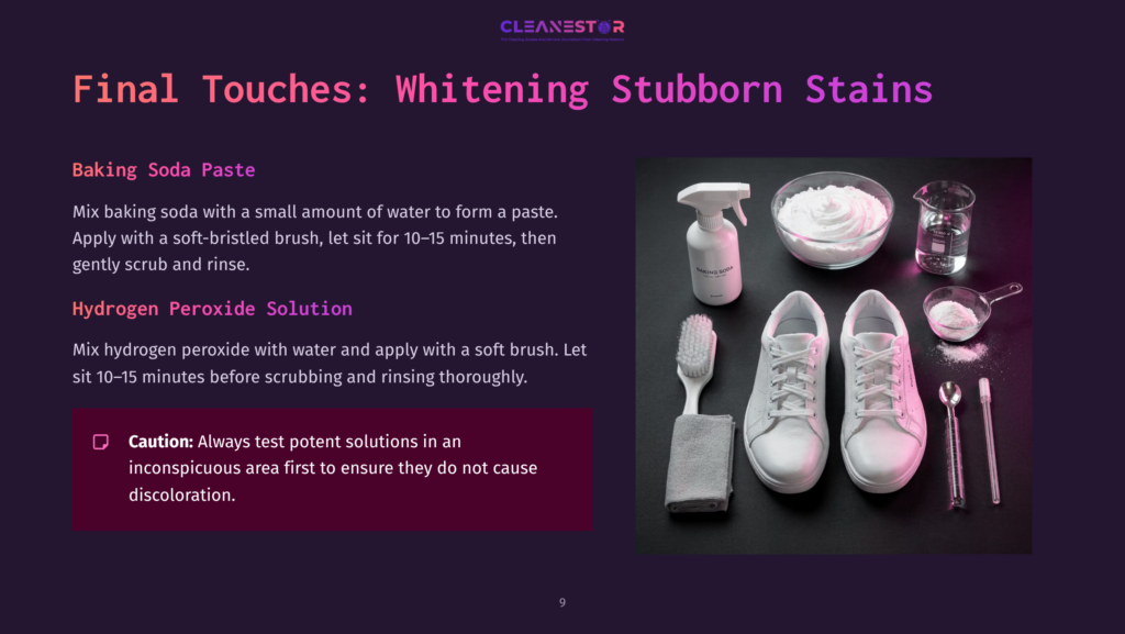 Flat Lay Of White Nike Running Shoes, A Soft Brush, A Spray Bottle, And A Bowl Of Paste, Against A Dark Background With Cleaning Instructions.