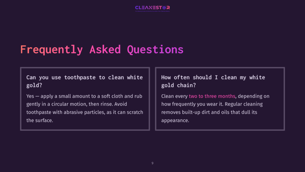 Two Questions Highlighted On A Dark Purple Background: One About Using Toothpaste For Cleaning, The Other On Cleaning Frequency For A Gold Chain.