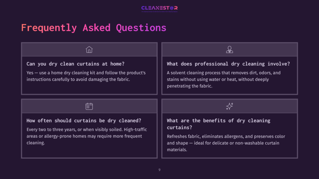 Four Sections Of Text On A Dark Background, Addressing Faqs About Home Curtain Care, Dry Cleaning Methods, And Benefits Of Dry Cleaning.