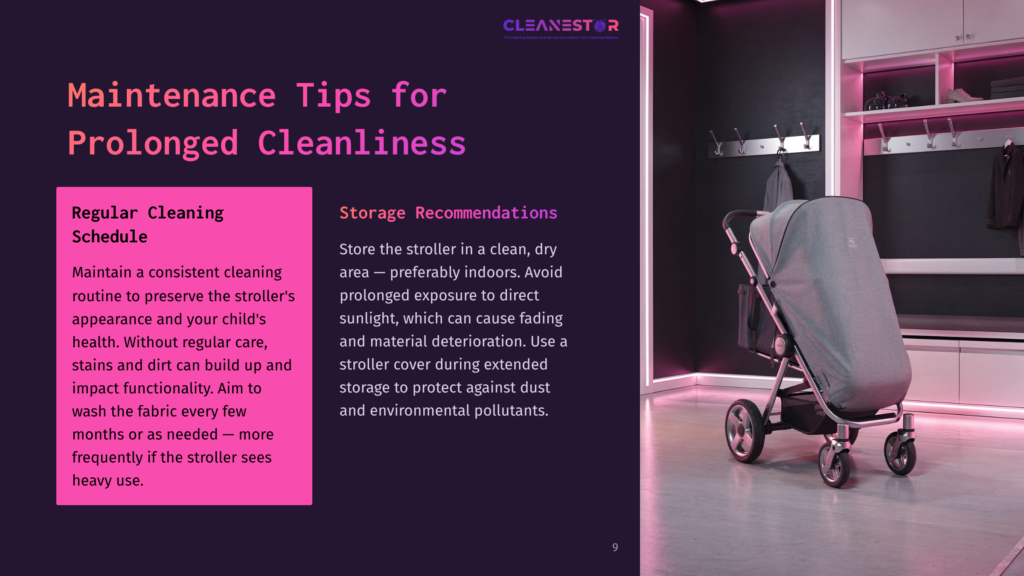 A Chic Stroller In A Clean, Modern Setting With A Pink Backdrop. The Text Highlights Maintenance Tips And Storage Recommendations.