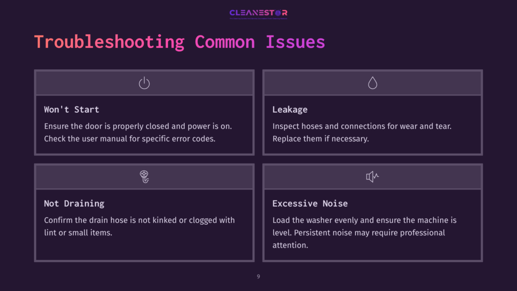 Four Troubleshooting Tips For A Washing Machine: Won'T Start, Leakage, Not Draining, And Excessive Noise, Presented In A Dark Layout With Icons.