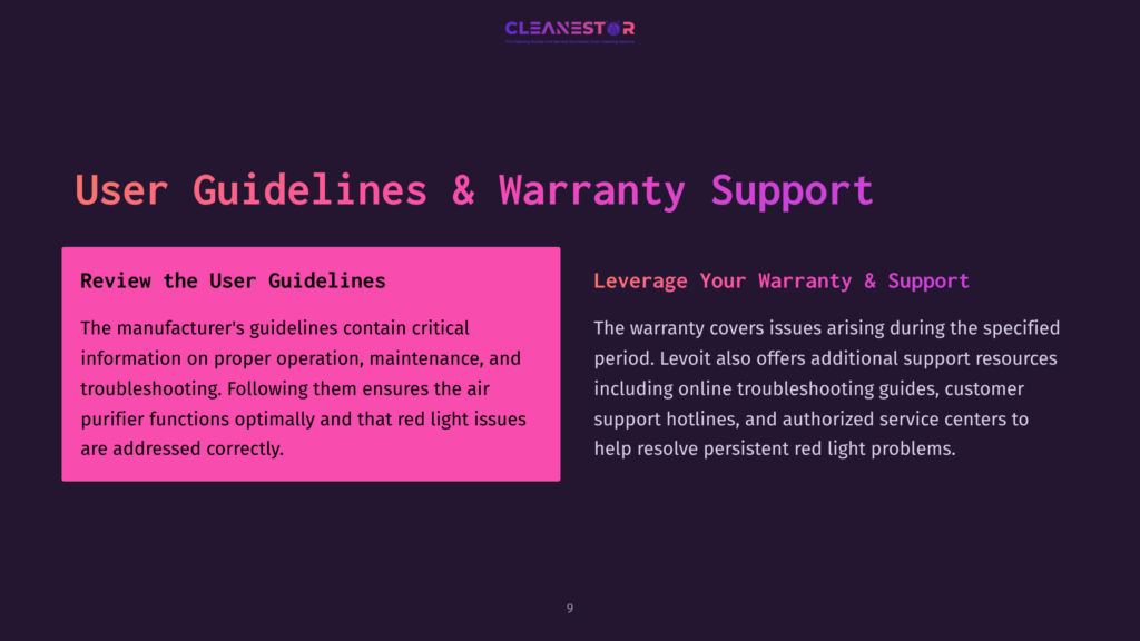 Text On A Dark Background Splits Into Two Sections: A Pink Highlighted Box For &Quot;User Guidelines&Quot; And A Purple Box For &Quot;Leverage Your Warranty.&Quot;