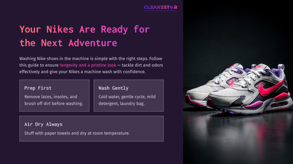 A Pair Of Gray And Pink Nike Shoes On A Dark Background, Accompanied By Text Detailing Washing Instructions And Tips.