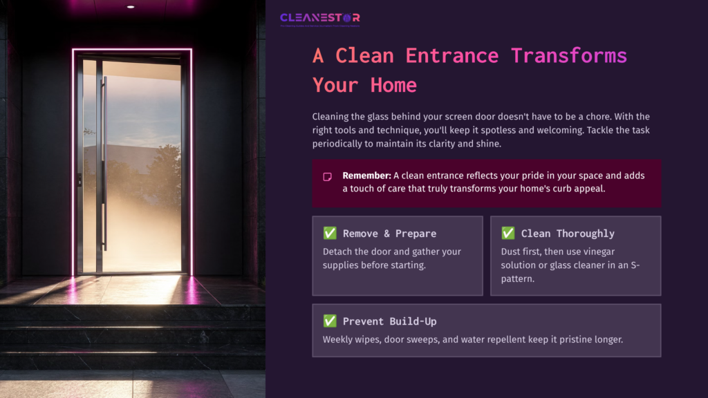 A Screen Door With Glass Panels Reflects Pink Light; Text Highlights Cleaning Tips For Maintaining Clarity And Shine On Glass.