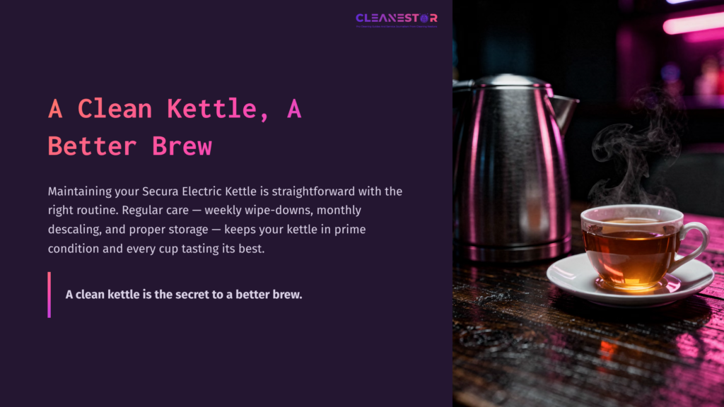 Secura Electric Kettle With A Sleek Silver Finish, A Steaming Cup Of Coffee, And A Vibrant Pink And Purple Backdrop.