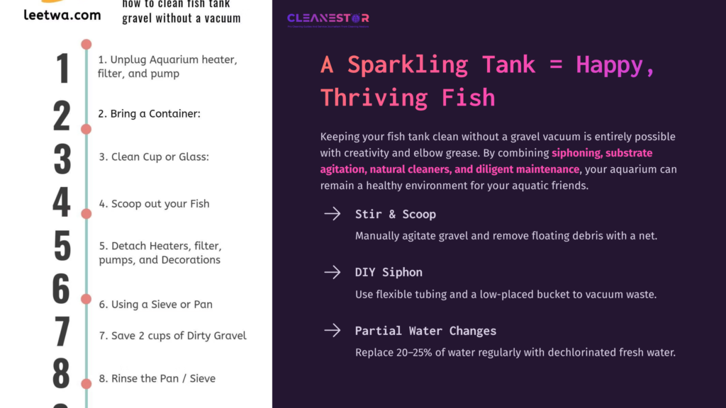 Illustration Showing A Clean Fish Tank Setup, With Tools Like A Siphon, Container, And Gravel, Alongside Tips For Maintenance.