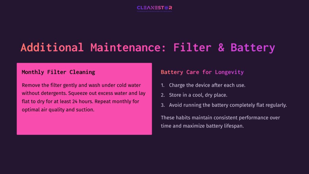 Text Instructions On A Dark Purple Background Guide Monthly Dyson V11 Filter Cleaning And Battery Care For Longevity, With Key Points Highlighted.