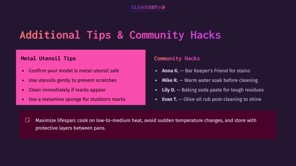 A Pink Box Lists Metal Utensil Tips And A Purple Box Shares Community Hacks With Names, Enhancing Care Methods For Pots And Pans.