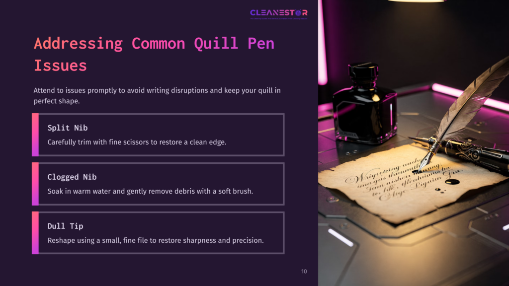 10 Addressing Common Quill Pen Issues A Dark-Themed Layout Displays A List Of Common Quill Pen Issues, With Sections Highlighted In Purple Against A Polished Surface And A Vintage Note.