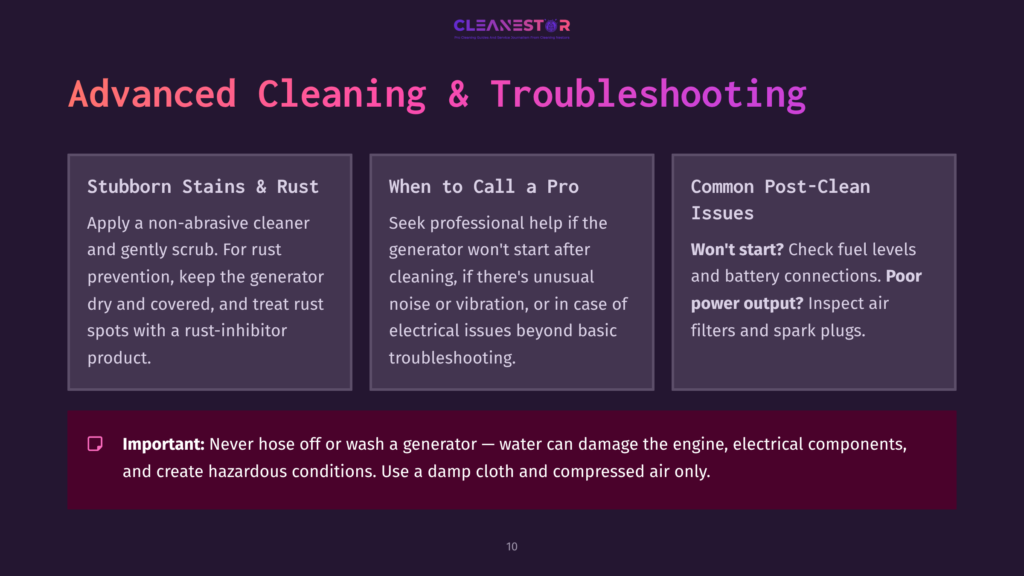 Text On A Purple And Pink Background Discussing Cleaning And Troubleshooting Generators, With Sections On Stains, Professional Help, And Post-Issues.