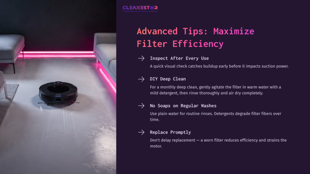 Roborock Vacuum Cleaner On A Light-Colored Floor, With Pink Ambient Lighting. Nearby Text Outlines Tips For Filter Maintenance And Efficiency.