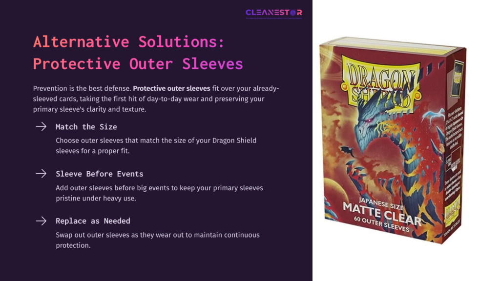 Colorful Box Of Dragon Shield Matte Clear Outer Sleeves Featuring A Dragon Design, Along With Tips For Maintenance And Protection.