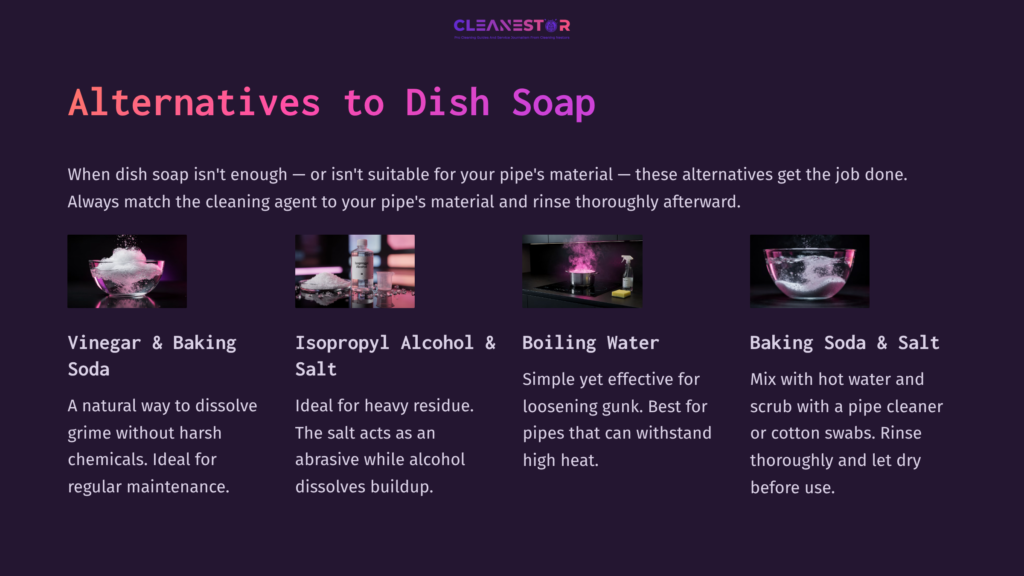 A Dark Purple Background Features White Text With Descriptions Of Alternatives To Dish Soap For Cleaning Pipes, Accompanied By Pink Visuals Illustrating Methods.