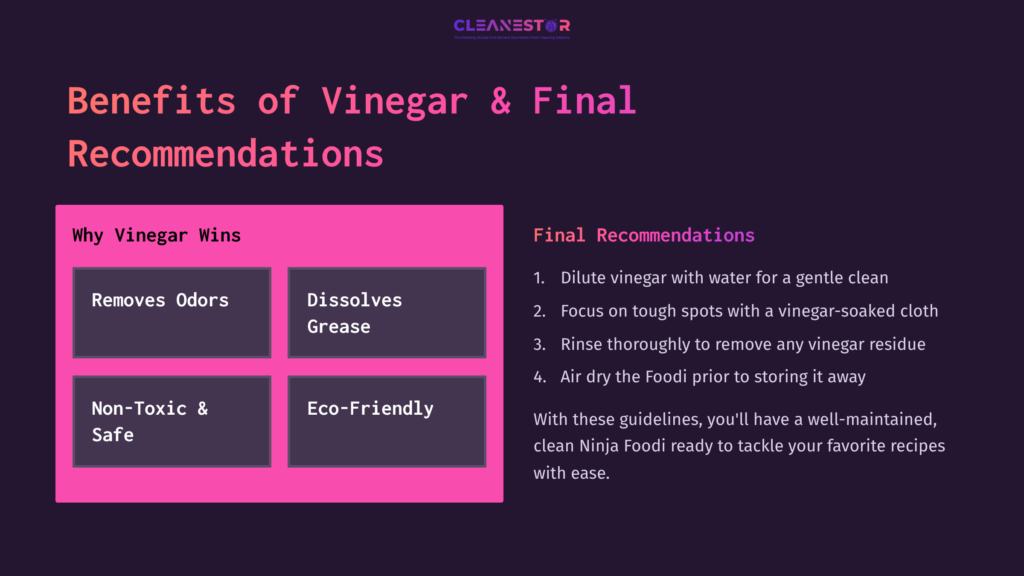 Bright Pink And Dark Purple Layout With A List Of Vinegar Benefits And Cleaning Tips For A Ninja Foodi, Emphasizing Eco-Friendliness And Grease Removal.
