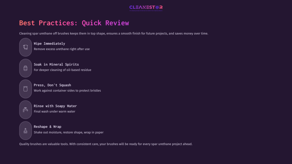 Illustrated Guide With A Dark Background, Featuring White And Purple Text Detailing Steps For Cleaning Brushes Used With Spar Urethane.