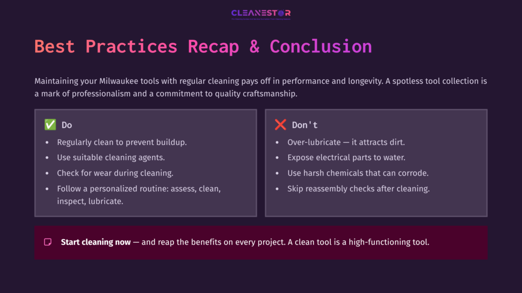 Best Practices For Cleaning Milwaukee Tools, With A List Of Do'S And Don'Ts In A Purple And White Layout, Emphasizing Tool Maintenance Tips.
