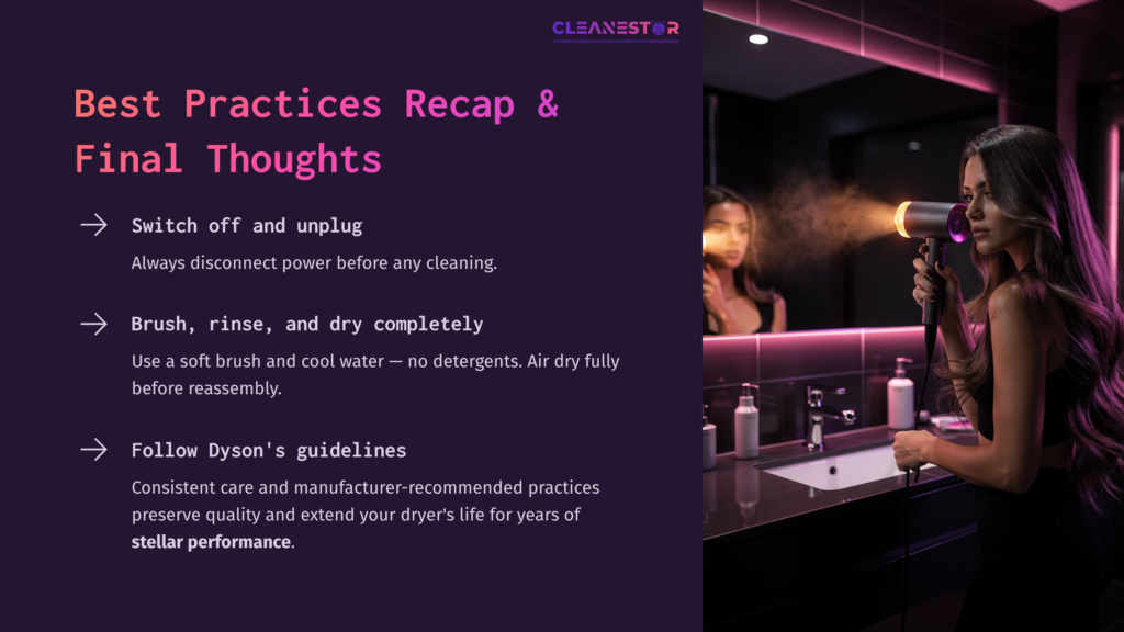 A Woman With Long Dark Hair In A Bathroom Uses A Dyson Hair Dryer. A Reflective Mirror And Purple Lighting Enhance The Modern Setting.