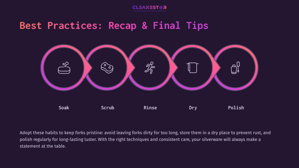 Graphic With Six Circular Icons Representing Cleaning Steps For Forks: Soak, Scrub, Rinse, Dry, And Polish, Arranged In A Flow.