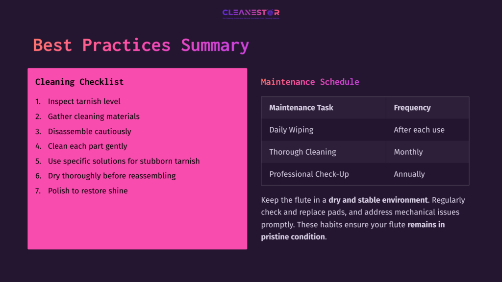 Summary Of Best Practices For Cleaning A Flute, Featuring A Bright Pink Checklist And A Maintenance Schedule With Tasks And Frequencies.