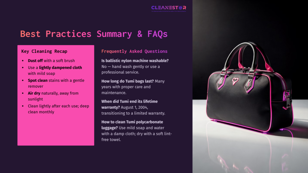 Black Tumi Nylon Bag With Pink Accents On A Purple And Black Background, Accompanied By Text Summarizing Cleaning Tips And Faqs.
