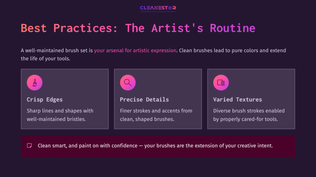 Colorful Infographic Highlighting Brush Care Tips For Artists, With Sections On Crisp Edges, Precise Details, And Varied Textures.