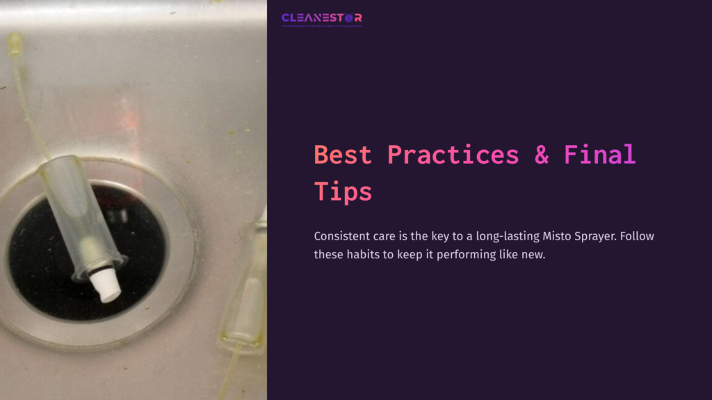 A Misto Sprayer Lying In A Sink, Partially Submerged, With Dark Water Surrounding It And A Bright Pink Text Box On The Right.