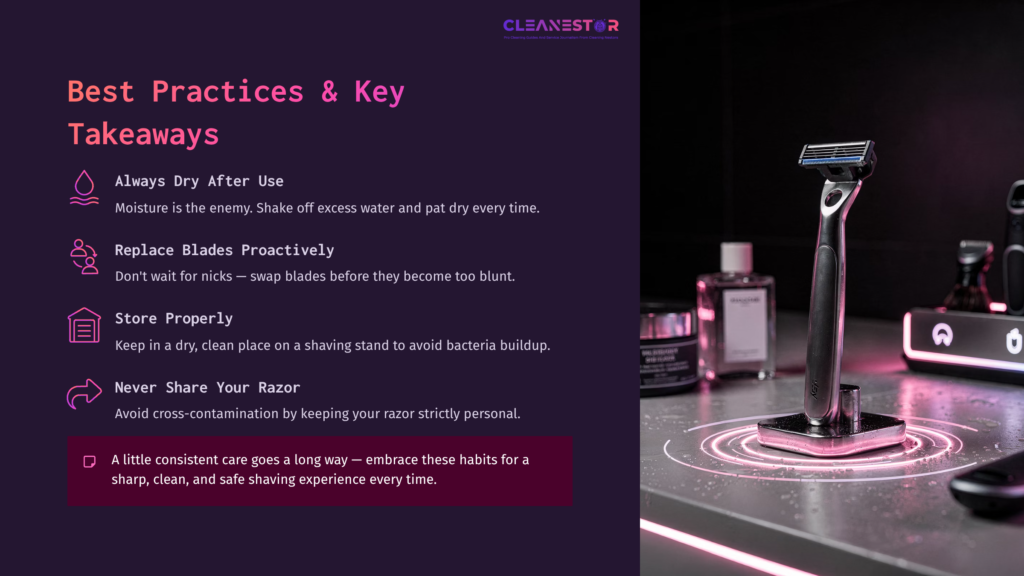 A Razor On A Stylish Countertop, Surrounded By Grooming Products; Highlighted Tips For Razor Care In Bold Text On A Purple Background.